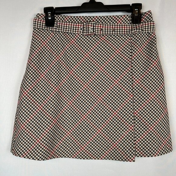 H&M Divided Houndstooth Plaid Tan Red Stripes Belted Preppy Mini Skirt Size 6 - Picture 10 of 10